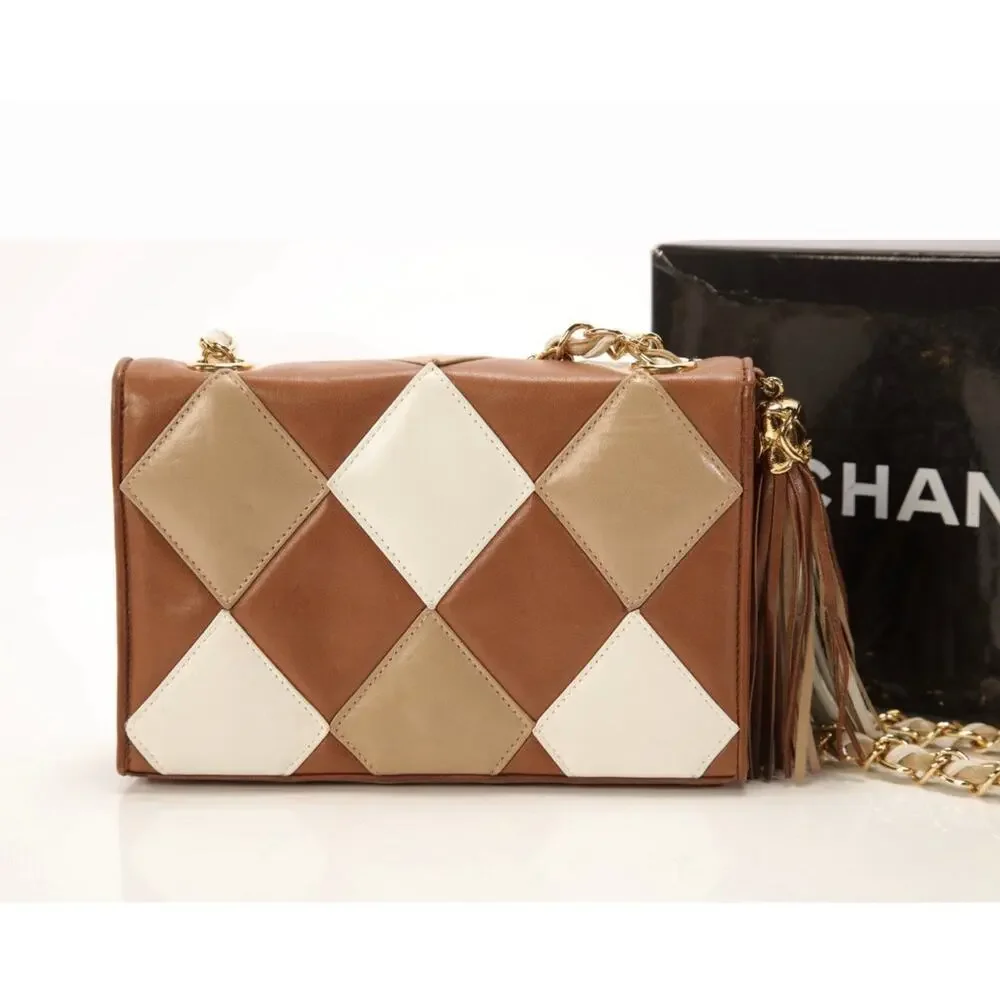 Chanel VINTAGE Arlequin Patchwork Tassel Flap Bag Brown Box Card 1-Series A1700